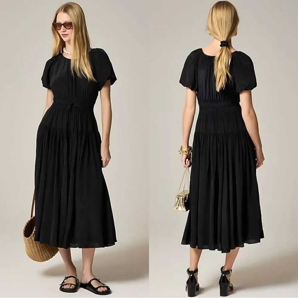 NWT J CREW Elena puff-sleeve dress in crepe de chine in black